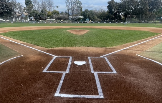 Baseball field with batter's box, pitching mound, and base paths. Green grass contrasts with brown dirt and white lines.