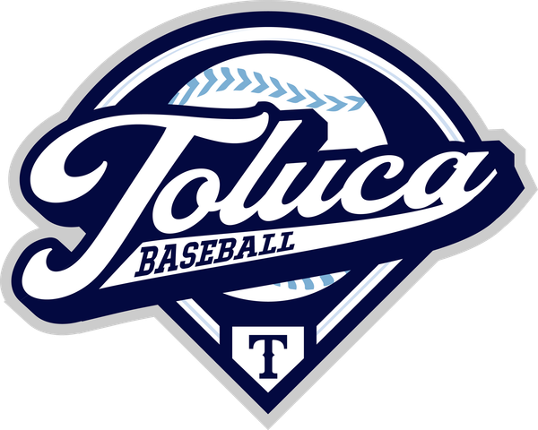 Toluca Baseball logo in navy blue, white, and light blue. Includes a baseball diamond shape and baseball.