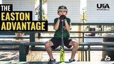 Young baseball player holding a bat, squatting. Title: "The Easton Advantage."