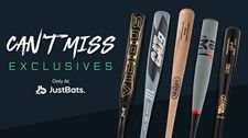 Baseball bats, black, gray, and wooden, with "CAN'T MISS EXCLUSIVES" text and "JustBats" logo on dark blue background.