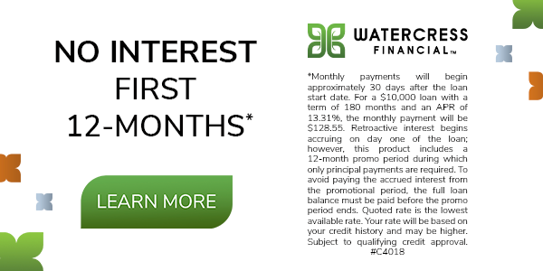 Advertisement: Watercress Financial offers no interest for the first 6 months. Includes 