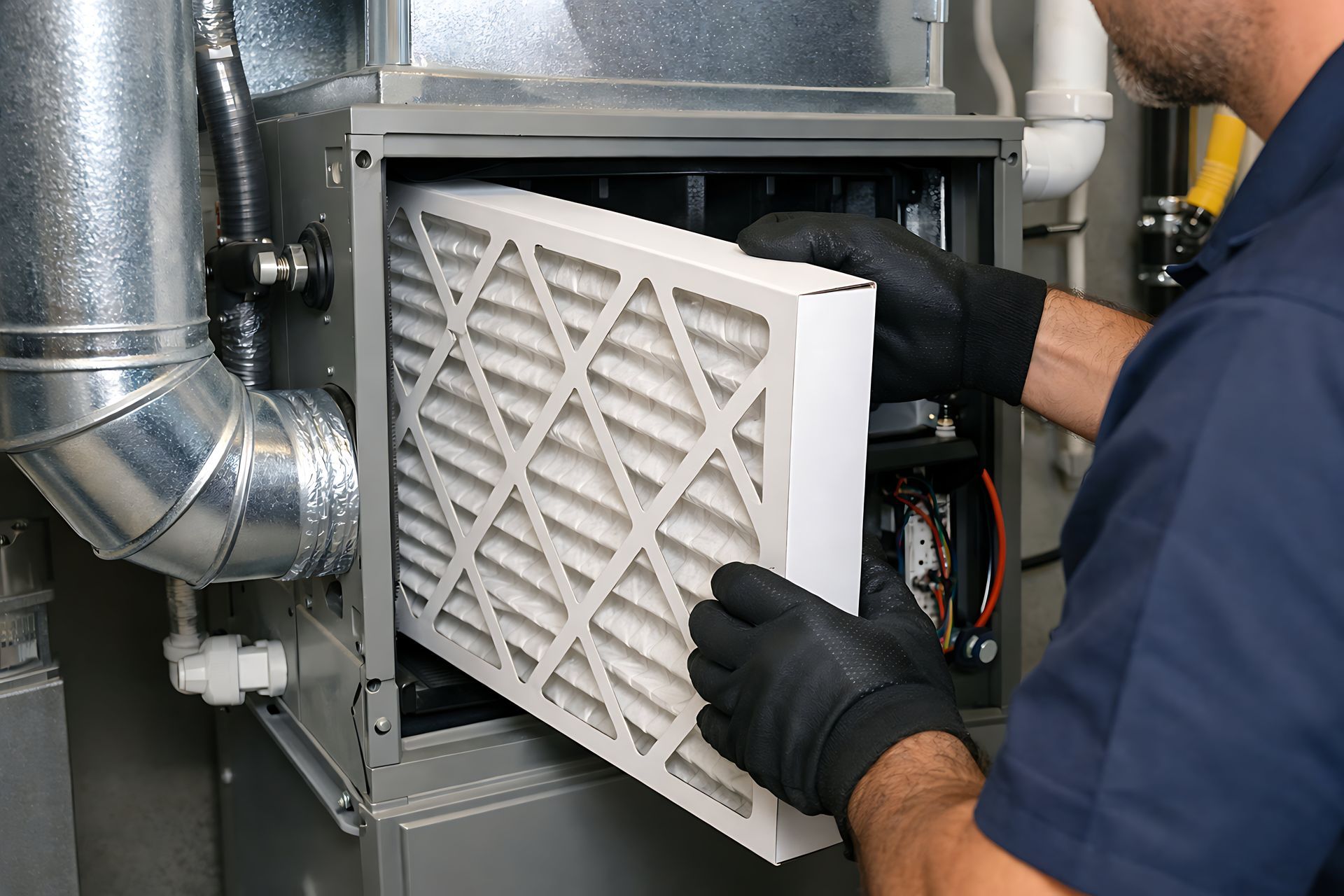 HVAC technician replacing an air filter during a repair service call 
