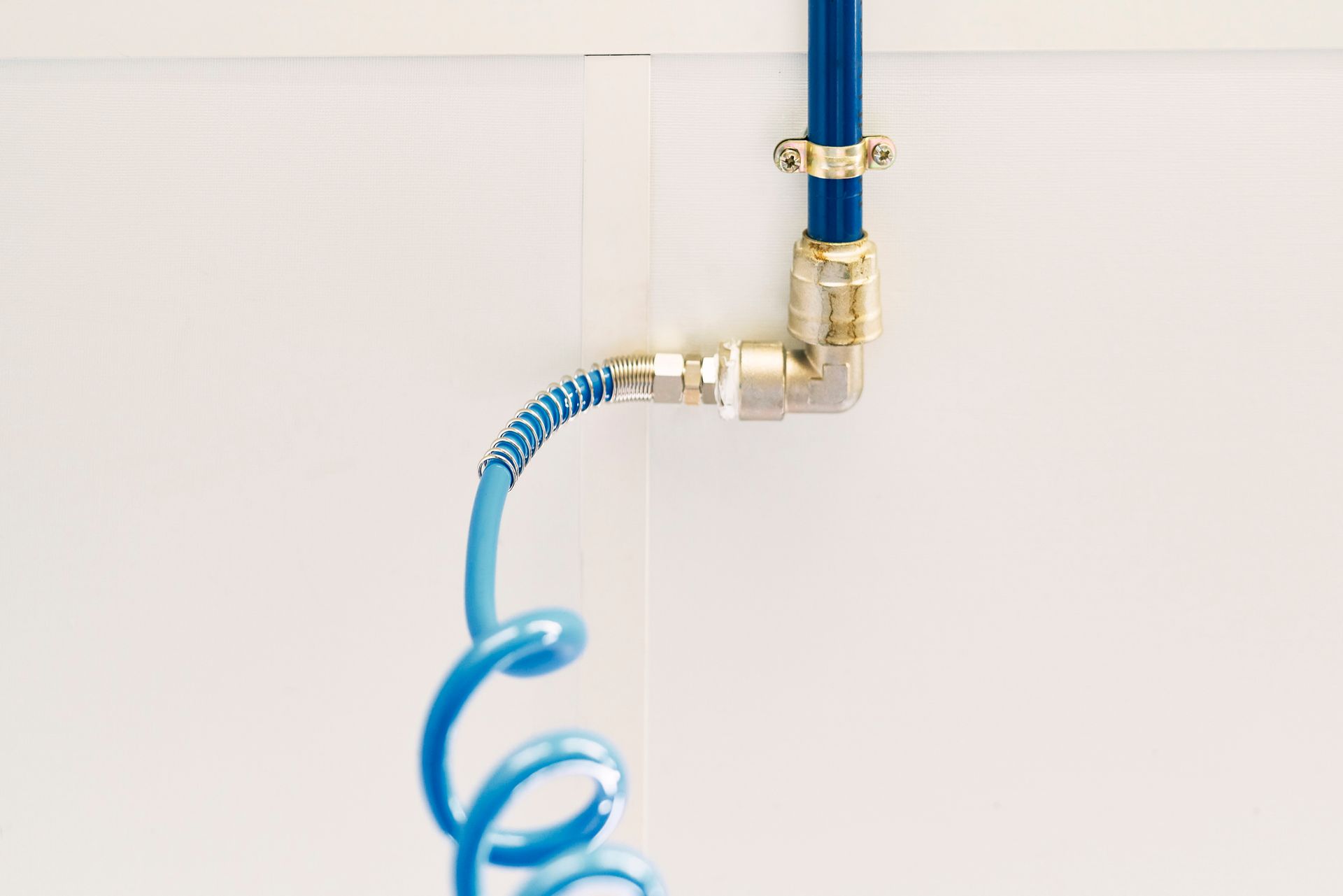 Blue coiled air hose connected to a brass elbow fitting on a white wall.