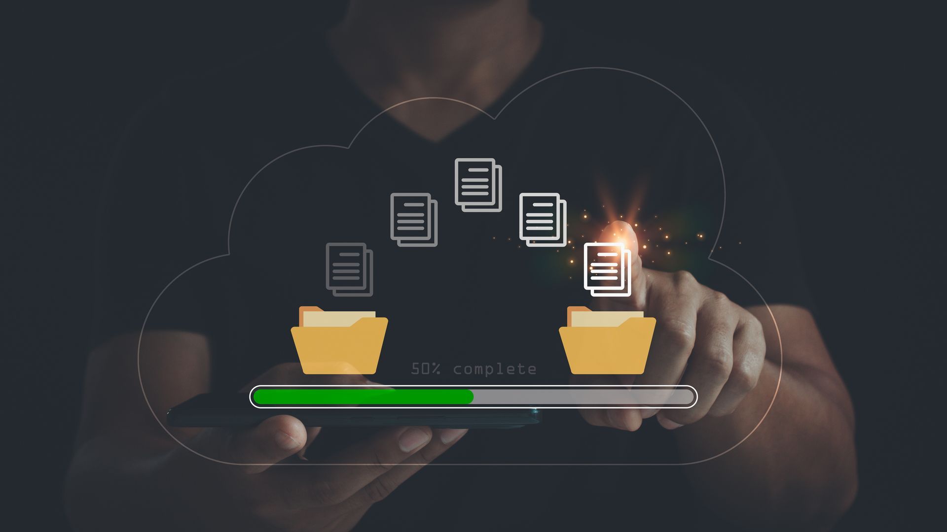 Person transferring files to cloud storage on a phone; process bar, folders, documents.