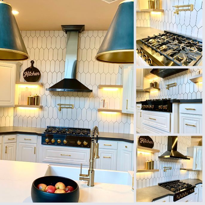 Elegant kitchen with white cabinets, black stove, gold accents, and patterned tile backsplash.
