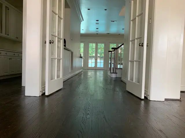 Dark wood floors lead to a bright hallway with white French doors and a view of a staircase and outdoor light.
