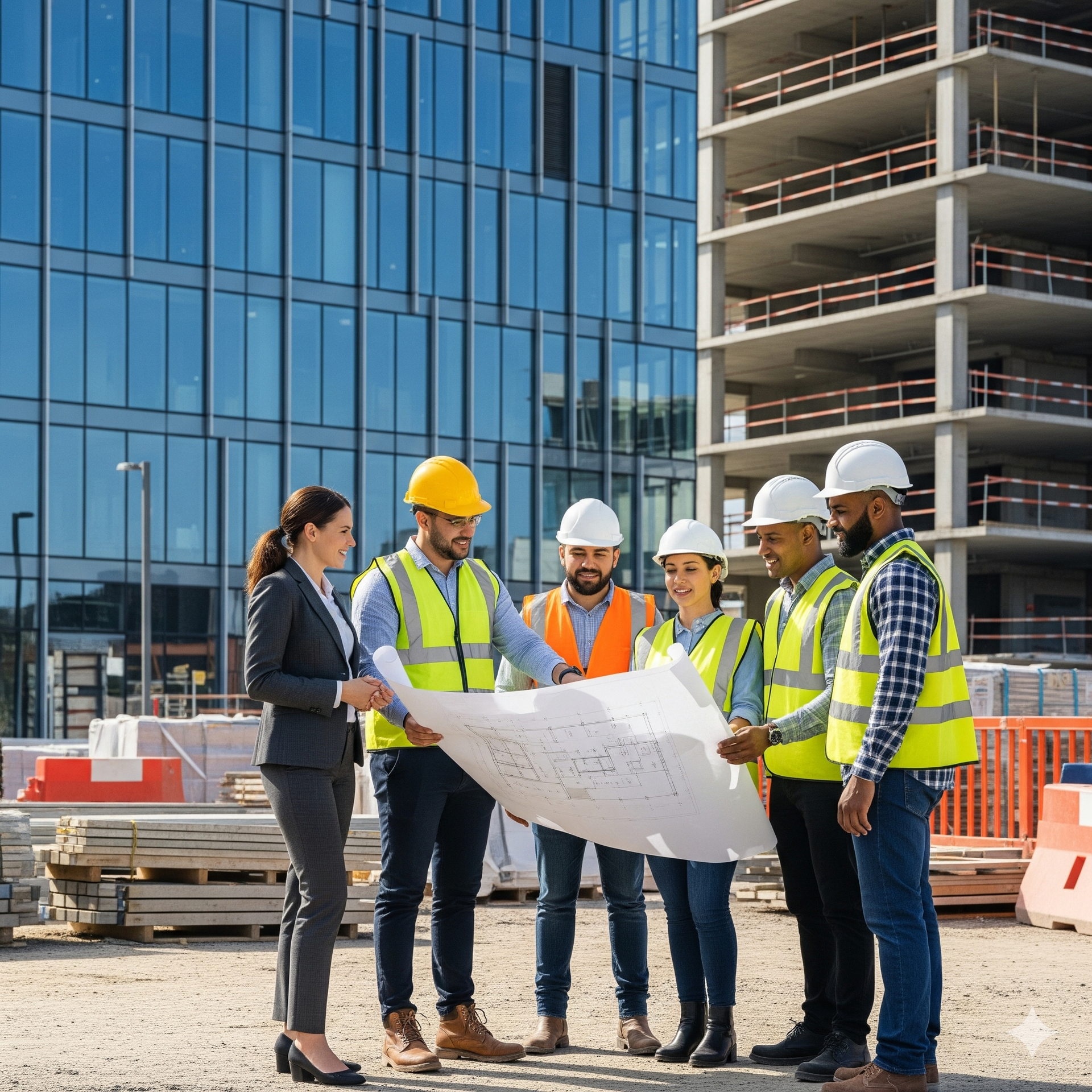Construction team reviewing blueprints at a building site.