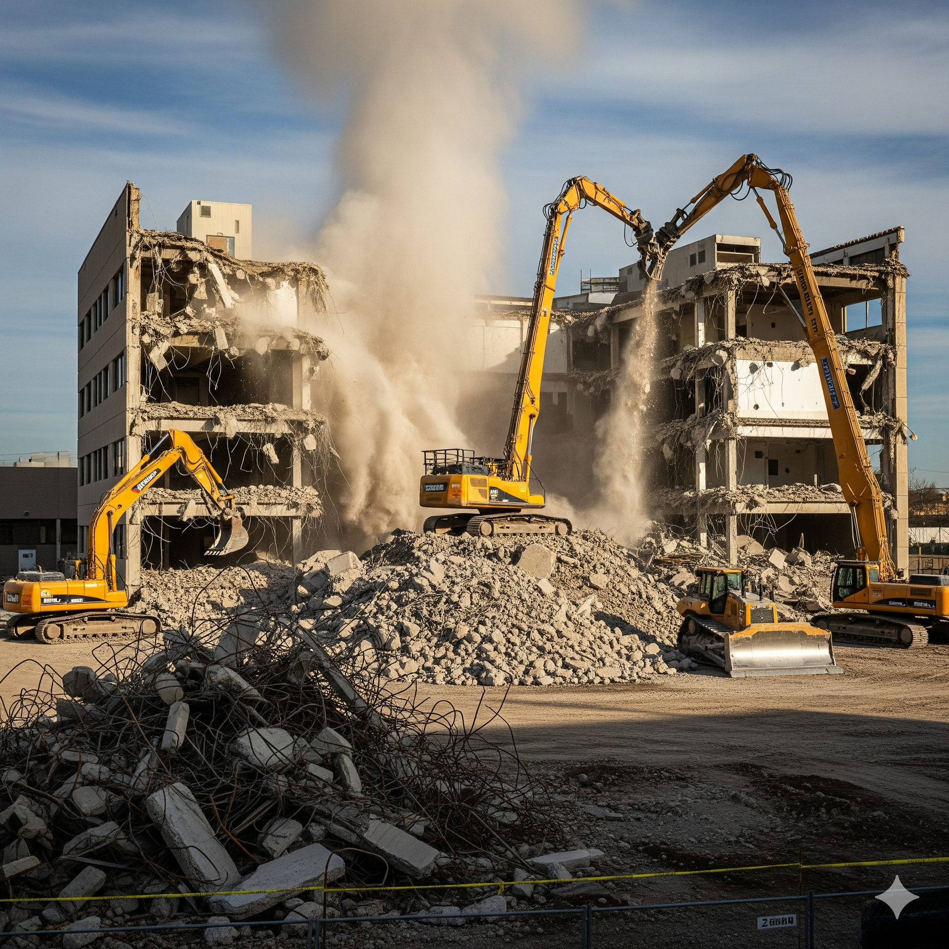 Construction site. Yellow excavators demolish a multi-story building, creating a dust cloud.