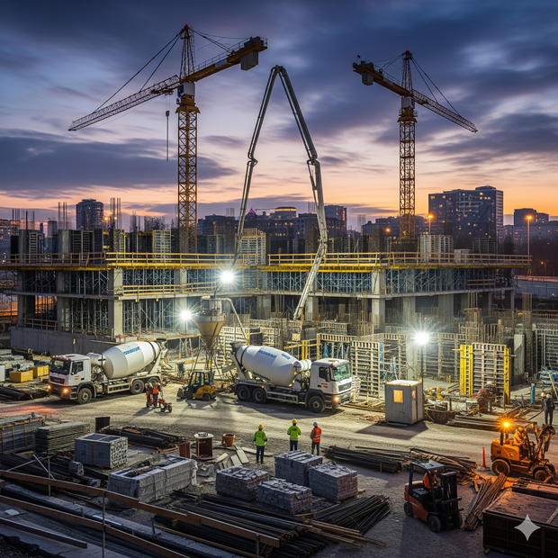 Construction site with cranes, concrete trucks, workers, and buildings at dusk.