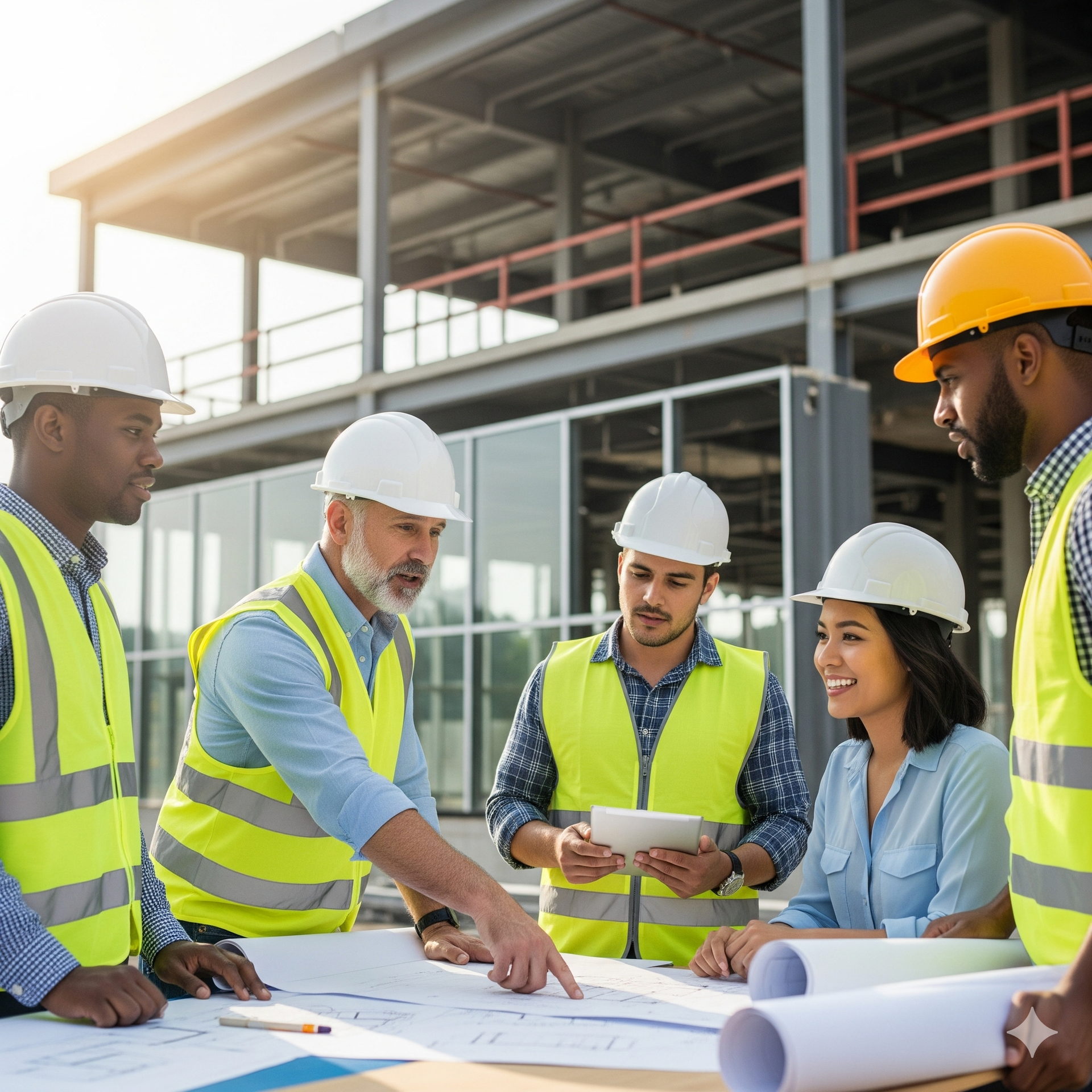 Construction team in hard hats, discussing blueprints at a building site, sunny day.