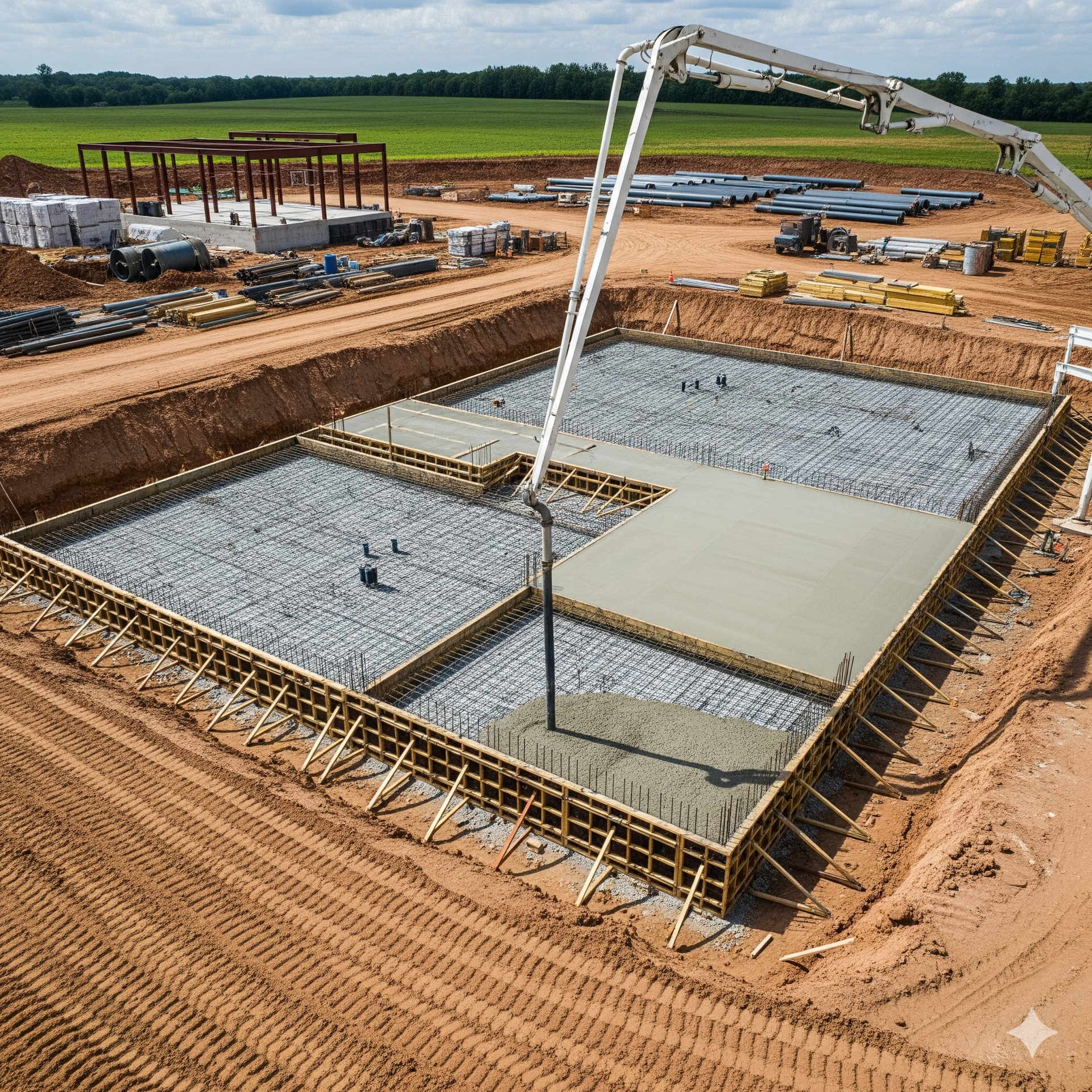 Construction site with a concrete foundation being poured by a pump truck.