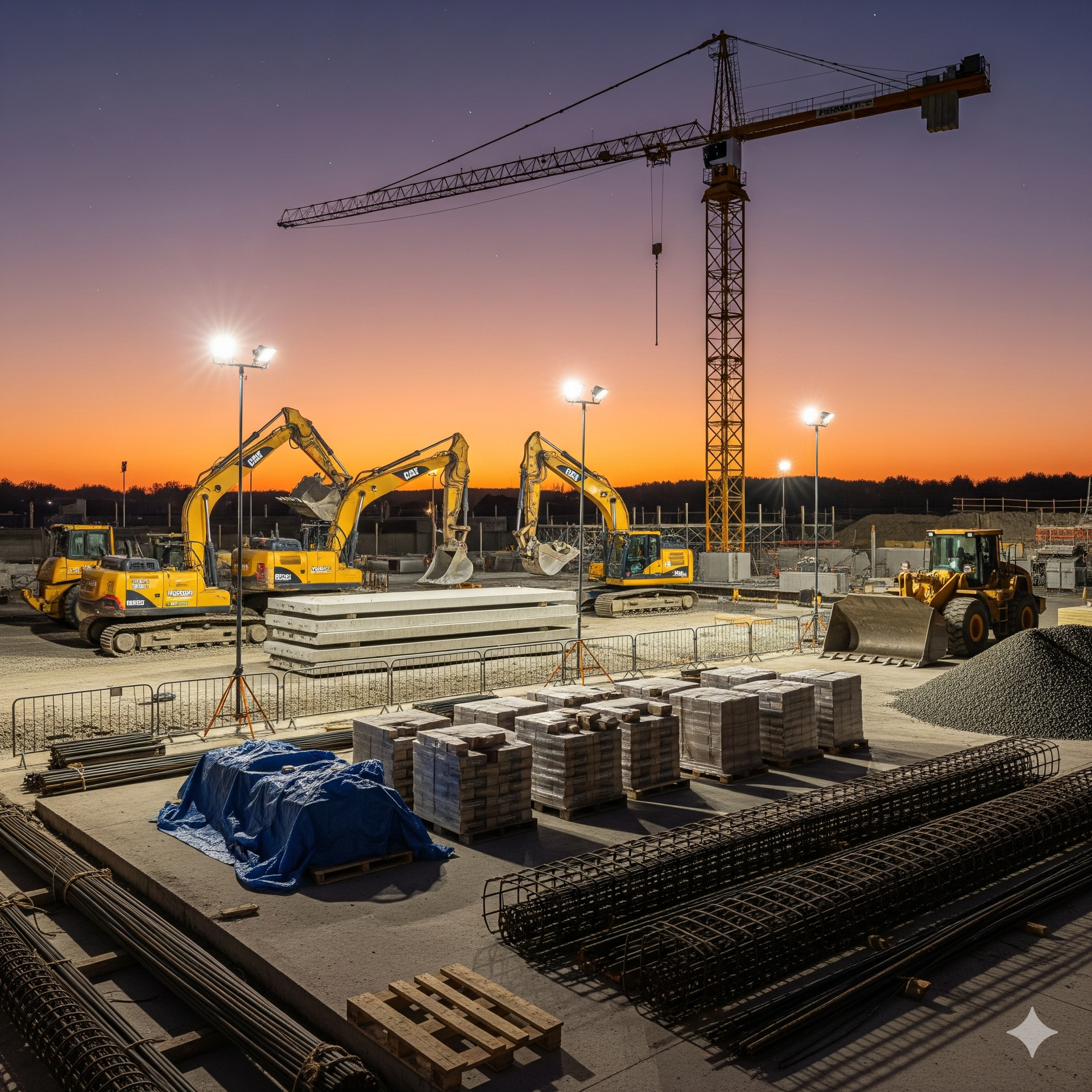 Construction site at dusk; yellow machinery and crane, materials laid out. Orange sky in background.