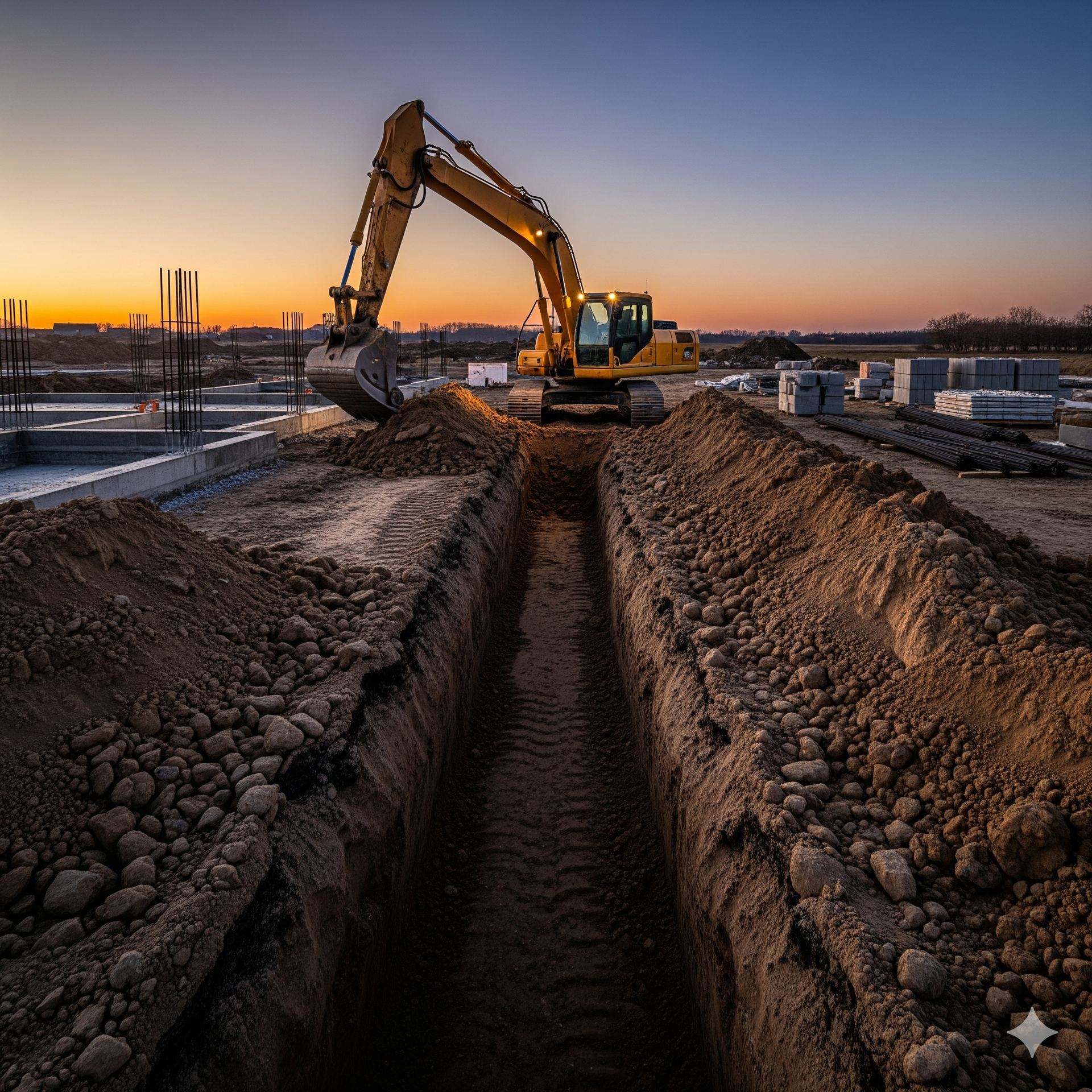 Excavator digging a trench on a construction site at sunset.