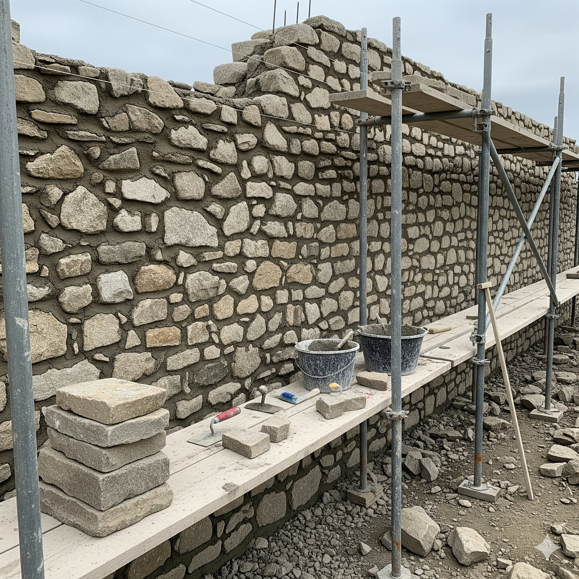 Stone wall under construction with scaffolding and tools.