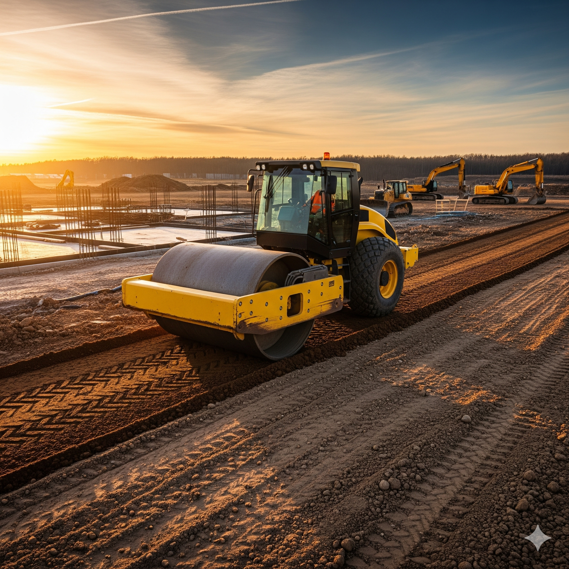 Yellow road roller compacting dirt on a construction site at sunset.