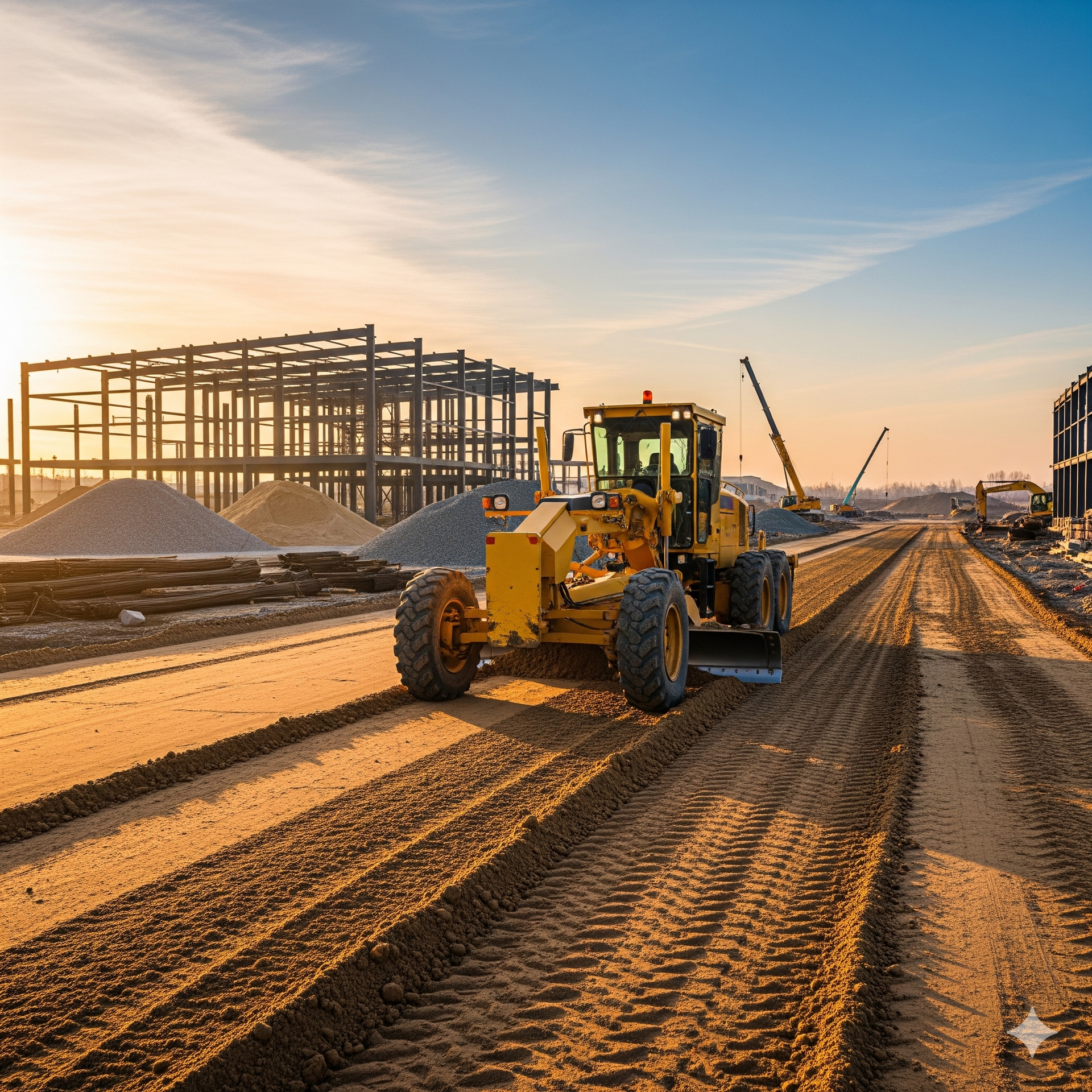 Yellow grader leveling dirt road at a construction site with steel structures and blue sky.