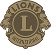 Lions Clubs International logo: a brown emblem with two lion heads flanking a central circle, 