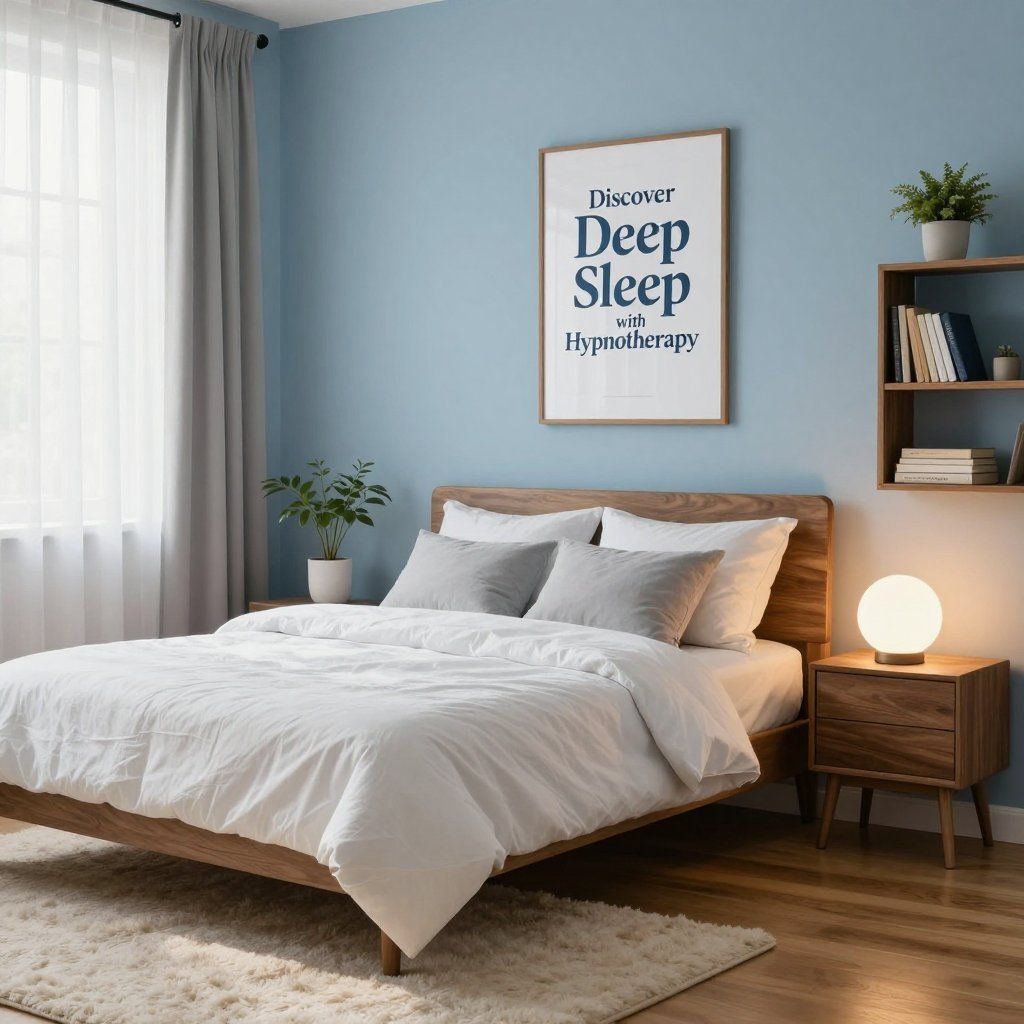 Bedroom with a bed, nightstand, shelf, and poster. Light blue walls, wooden furniture, and a white bedspread.