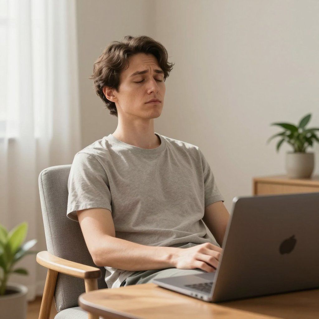 Man in grey shirt with closed eyes using a laptop, seated at a desk near a window and plant.