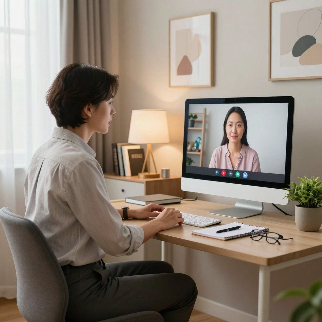 Woman in video call with another woman, promoting online zoom hypnotherapy session.