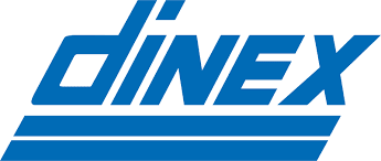 Un logo bleu et blanc pour Dinex sur fond blanc