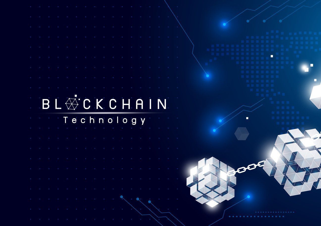 A blue background with a chain of cubes connected to each other.