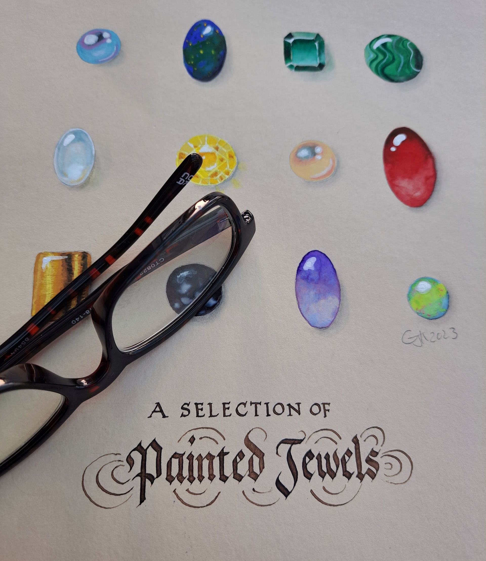 Paintings of small gemstones and jewels