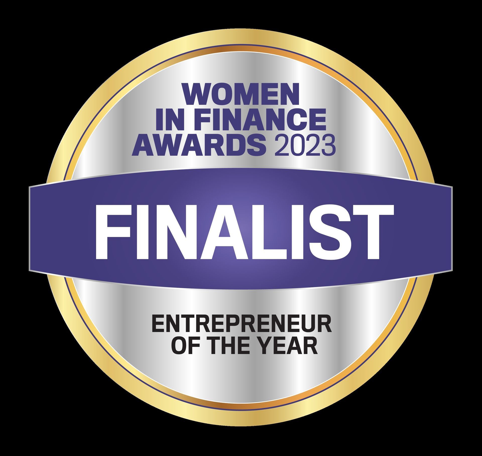 A silver and purple badge that says finalist entrepreneur of the year