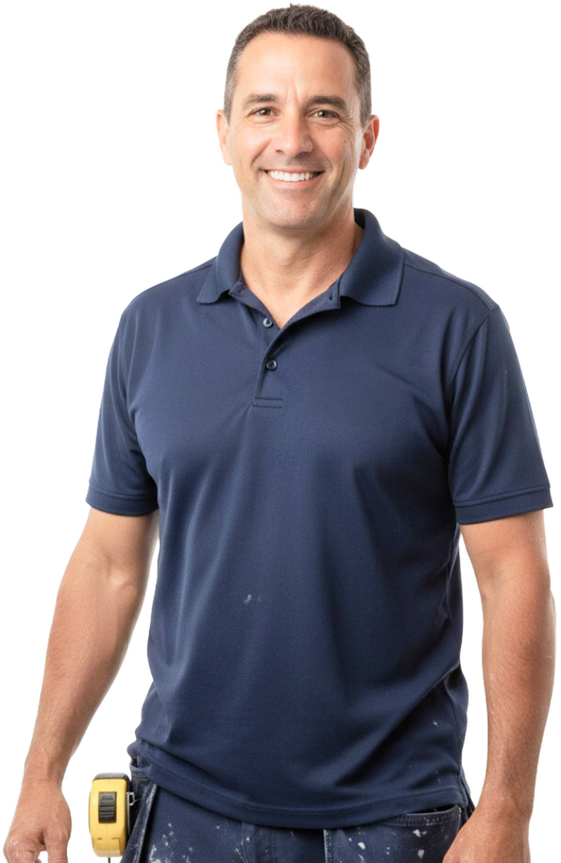Man in blue polo shirt smiling, with a tool belt, looking at the viewer.