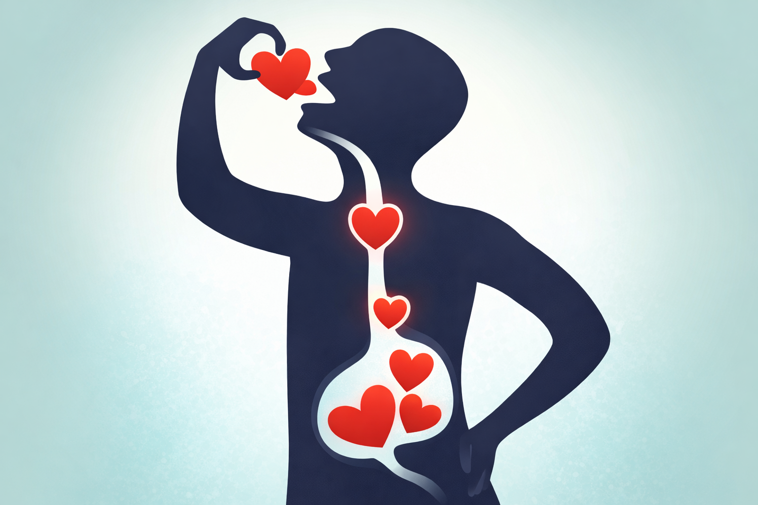 Ilustração de pessoa ingerindo corações, representando relação entre emoções e comer emocional.
