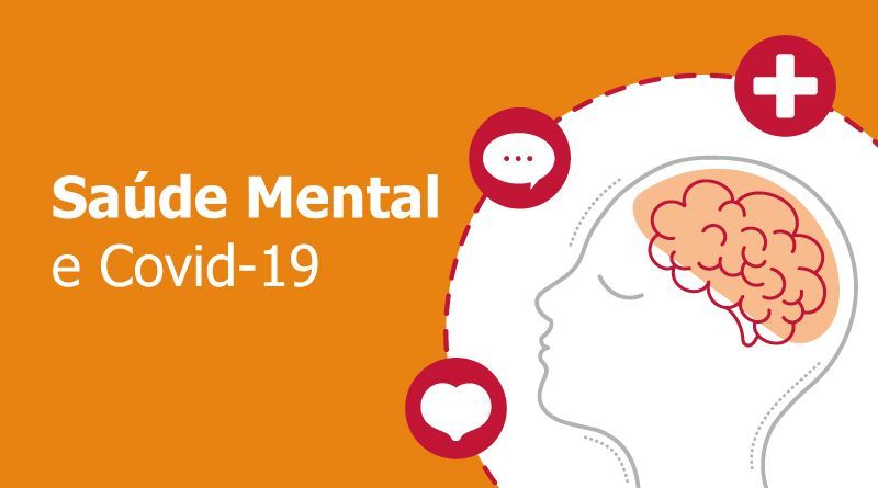 Ilustração de perfil humano com ícones de coração, fala e cruz médica sobre a saúde mental e COVID-1