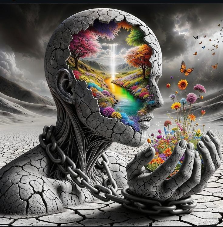 Busto humano de concreto revelando paisagem colorida interna e flores, representa subjetividade