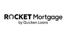 The logo for rocket mortgage by quicken loans is black and white.