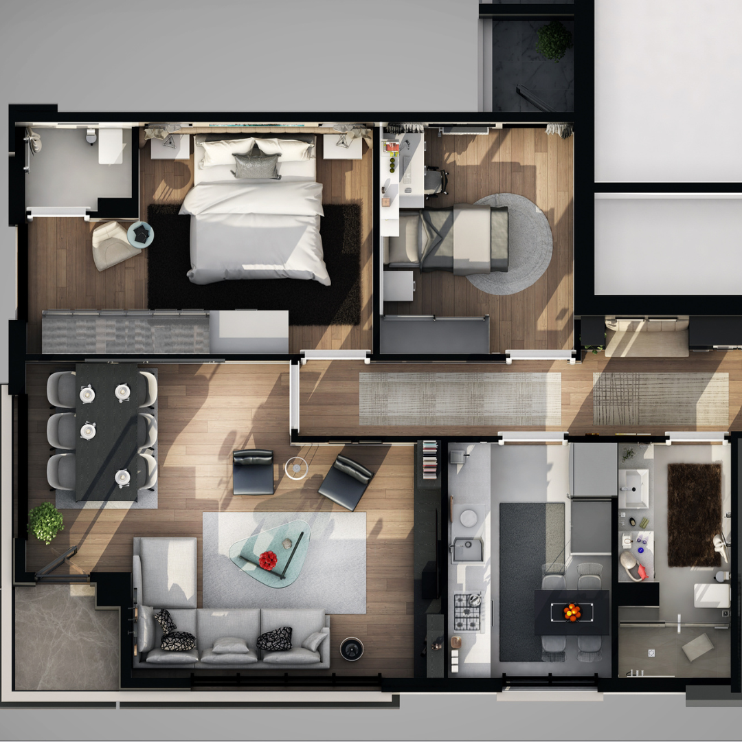 An aerial view of a house with a bedroom