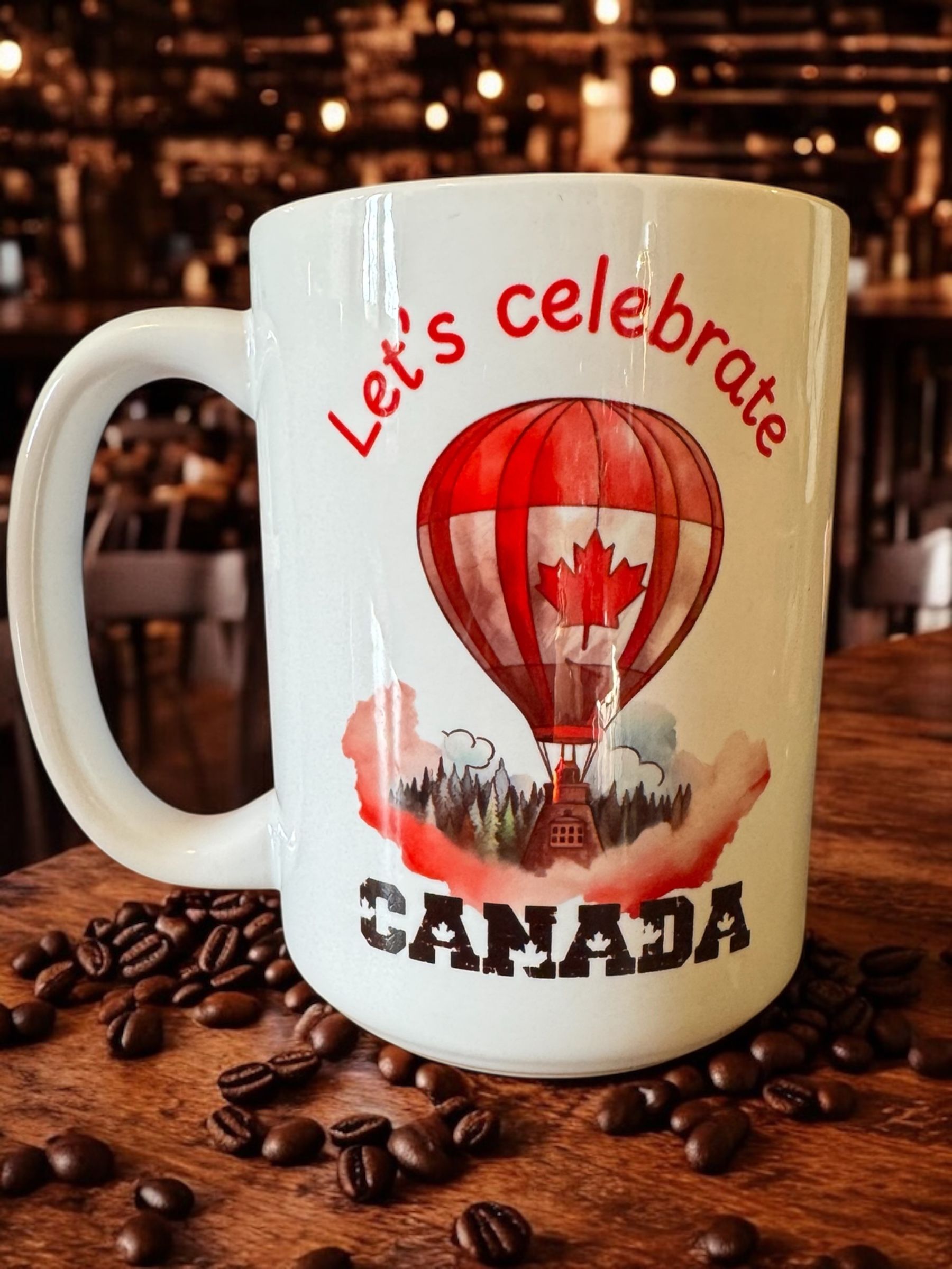 White mug with Canadian flag hot air balloon and 