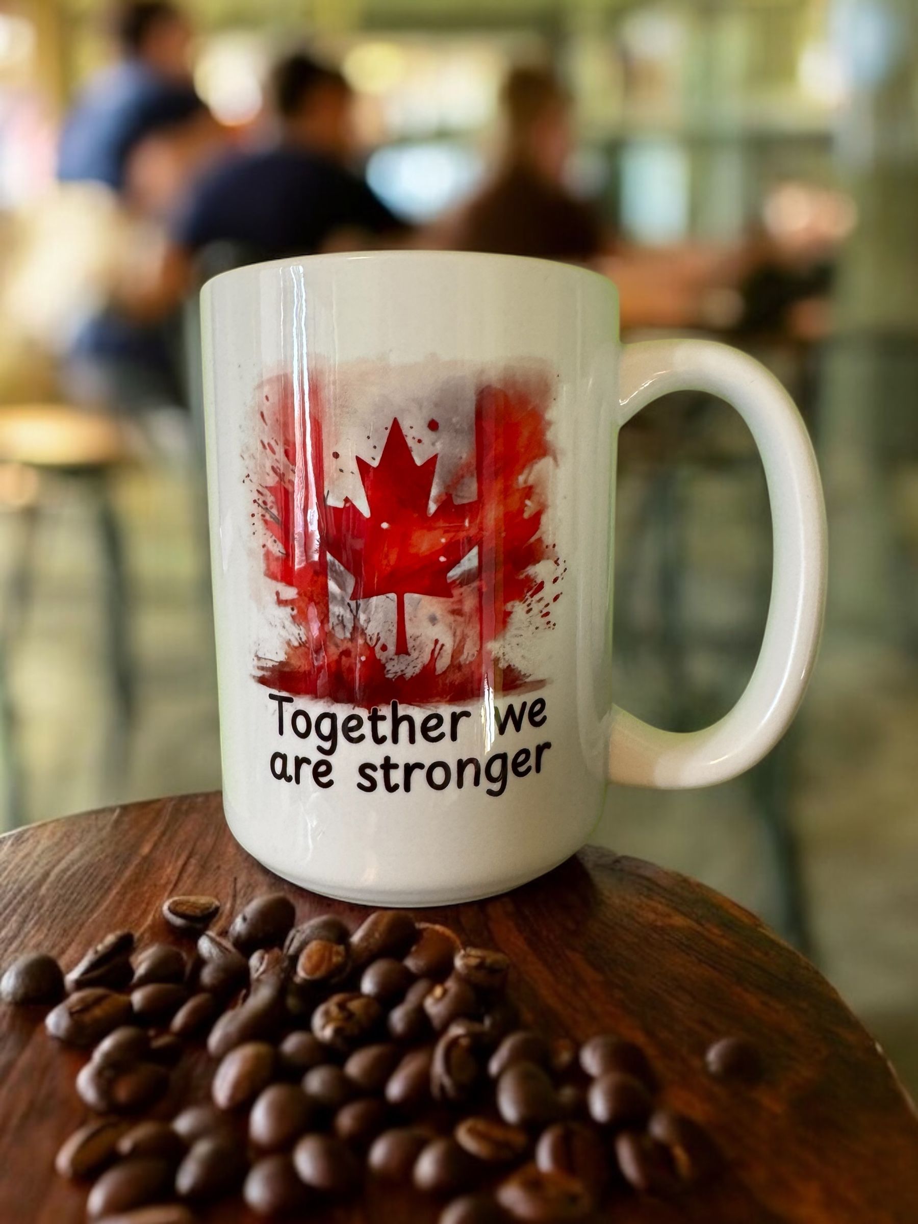 White mug with Canadian flag hot air balloon and 