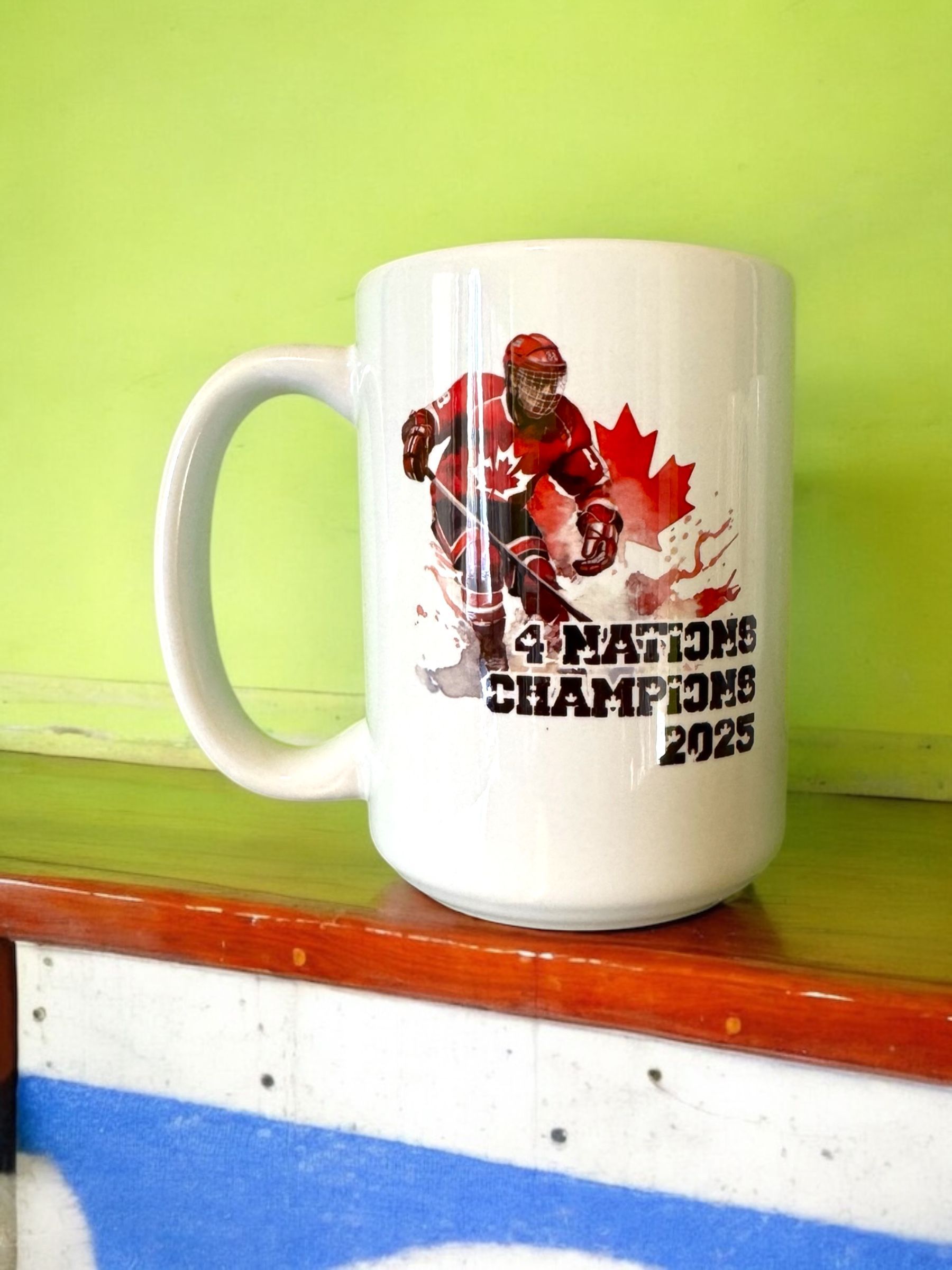 White mug with hockey player graphic, 
