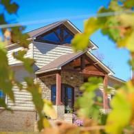 Brick house with a gray roof, framed by blurred green leaves against a blue sky