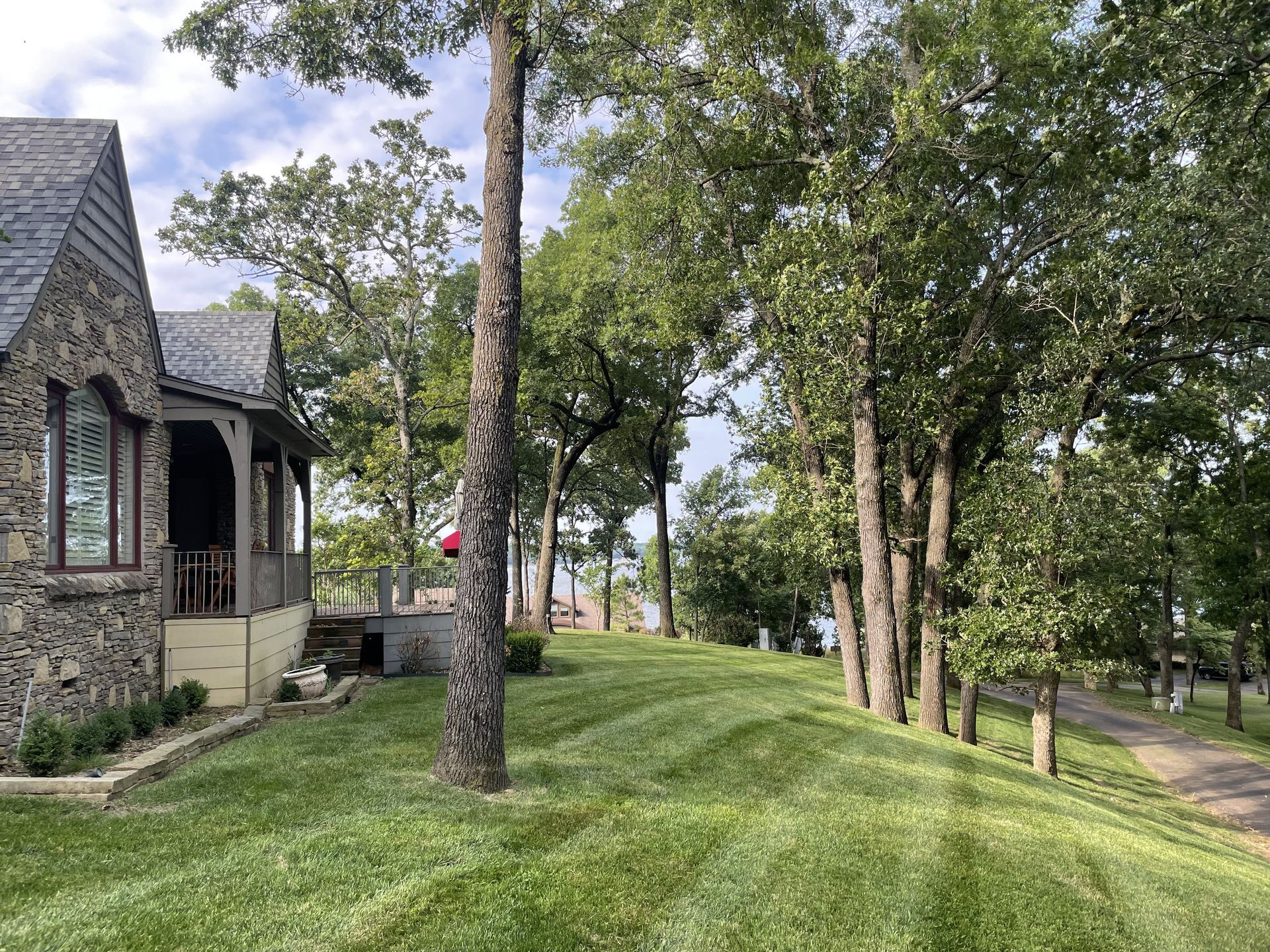 A house is sitting on top of a lush green hill surrounded by trees.