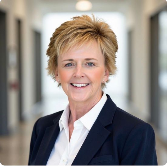 A woman is sitting at a desk with a laptop and a vase of flowers.