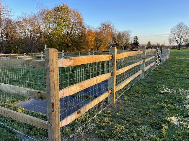 A wooden fence surrounds a grassy field with trees in the background.