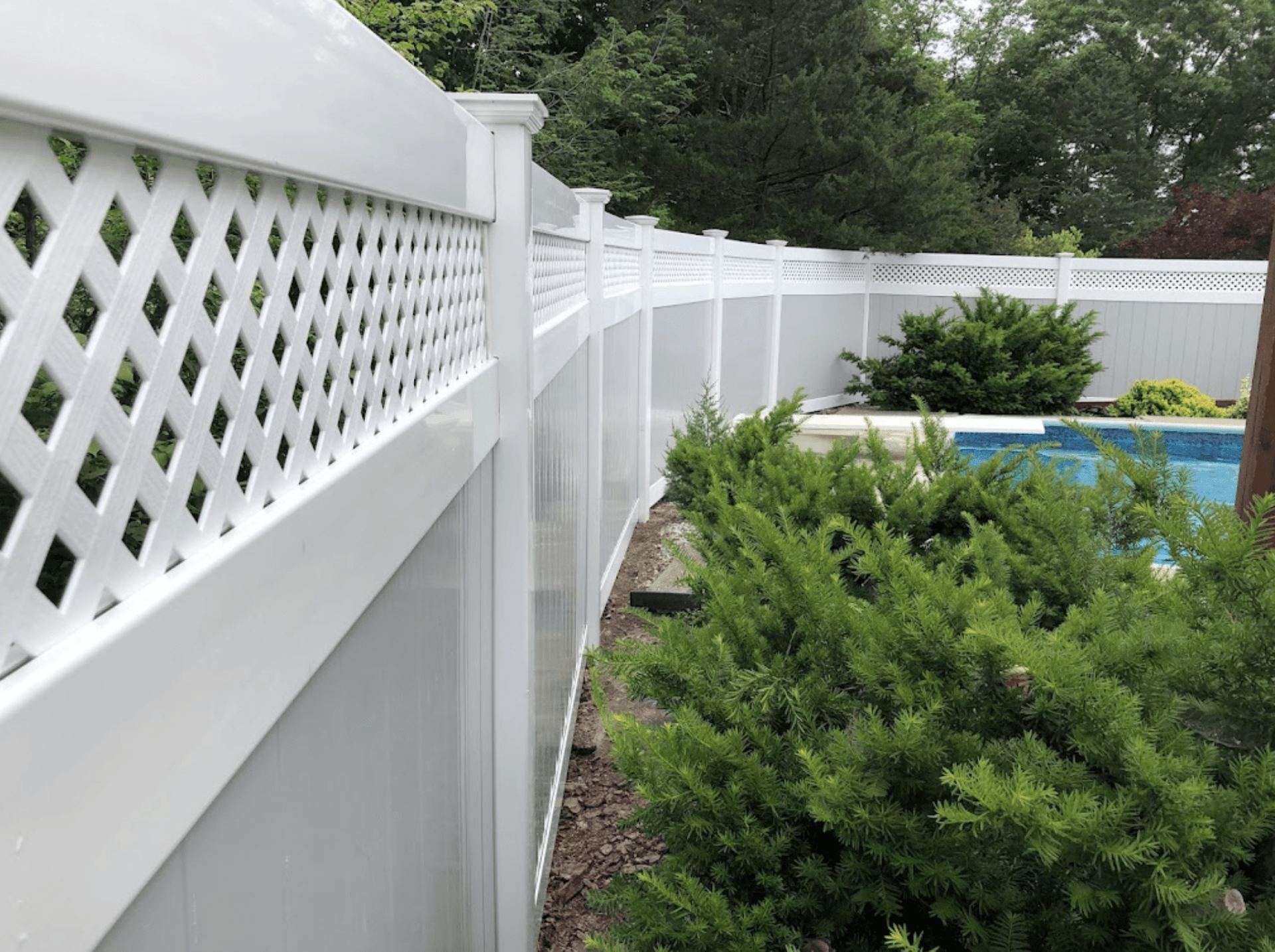 White vinyl privacy fence with lattice top, bordering a pool and green bushes.