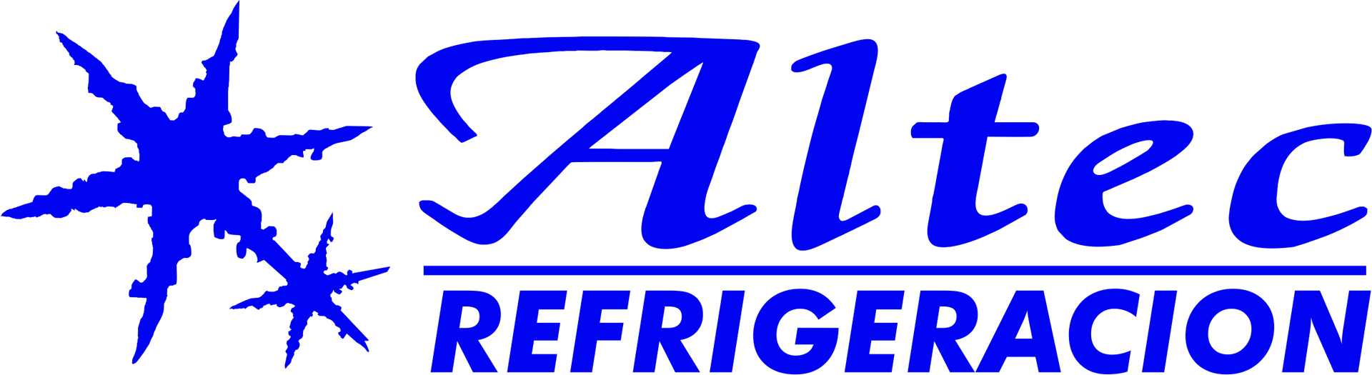 Logotipo azul de Altec Refrigeracion con icono de estrella y texto estilizado sobre fondo blanco.