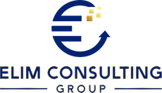 The logo for elim consulting group is blue and gold.