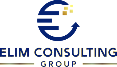 The logo for elim consulting group is blue and gold.