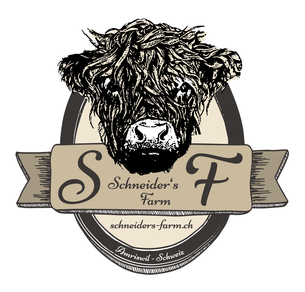 Ein Logo für Schneiders Farm mit einer Kuh darauf