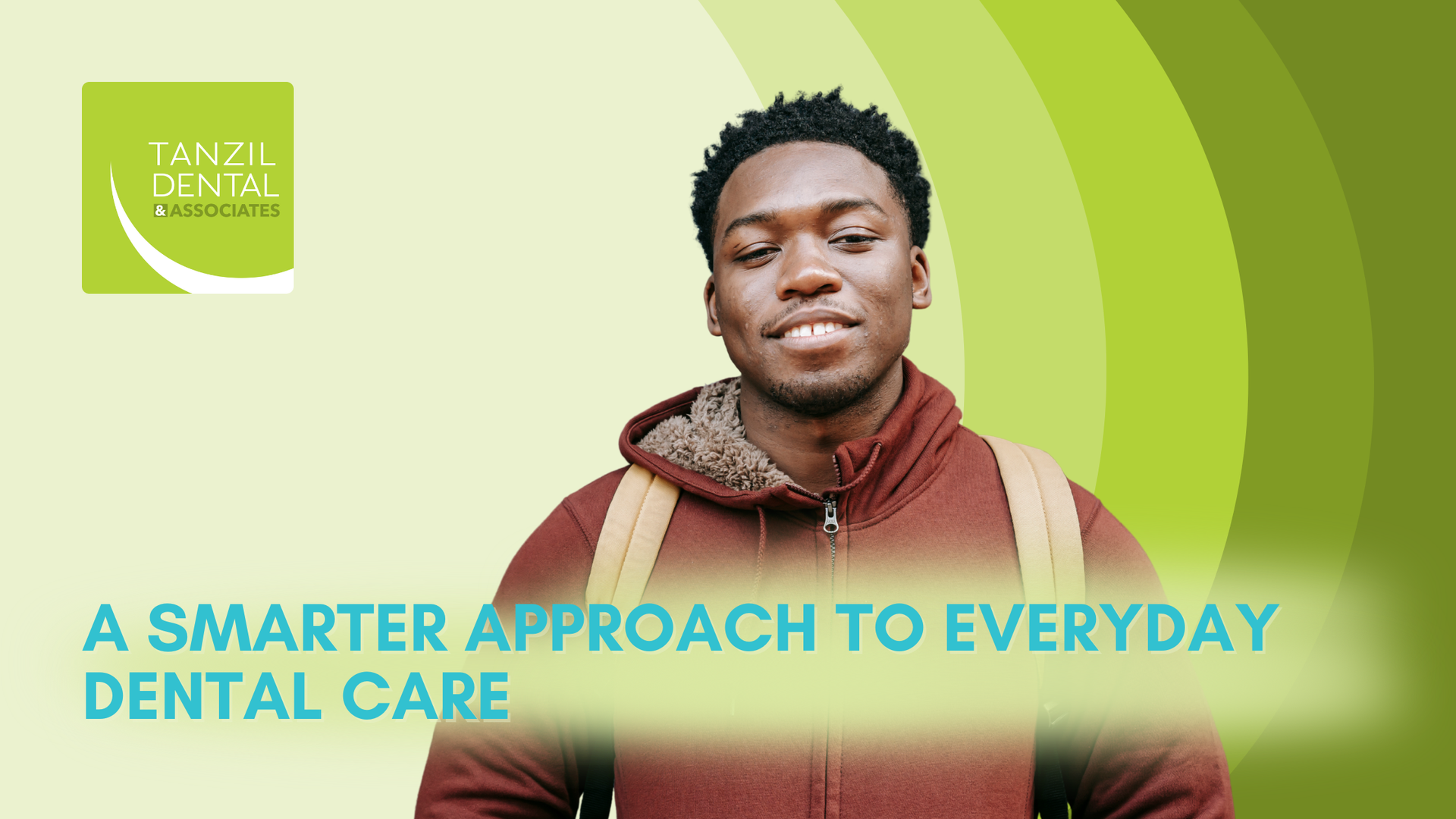 Smiling person with a backpack in front of green gradient. Text: