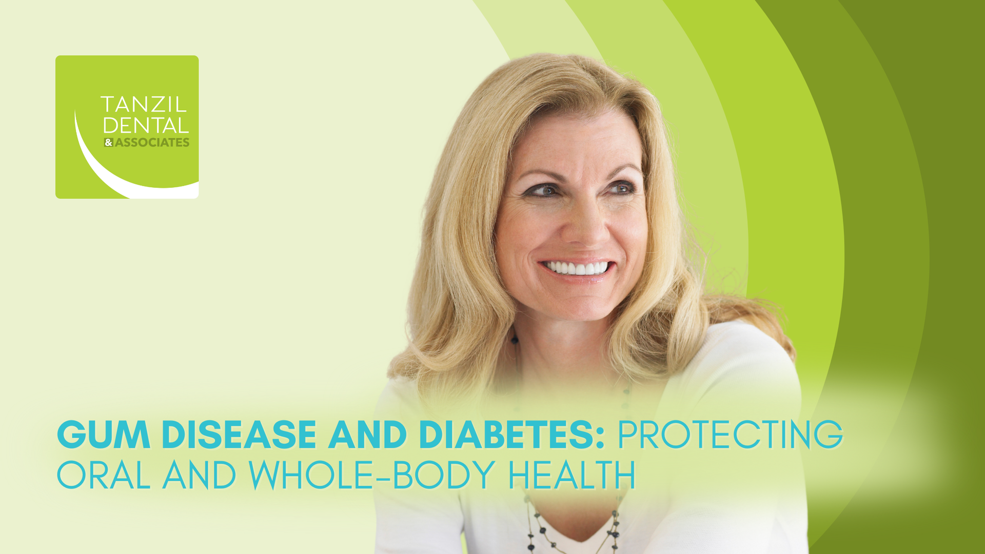 Smiling woman with blonde hair against a green background; text: