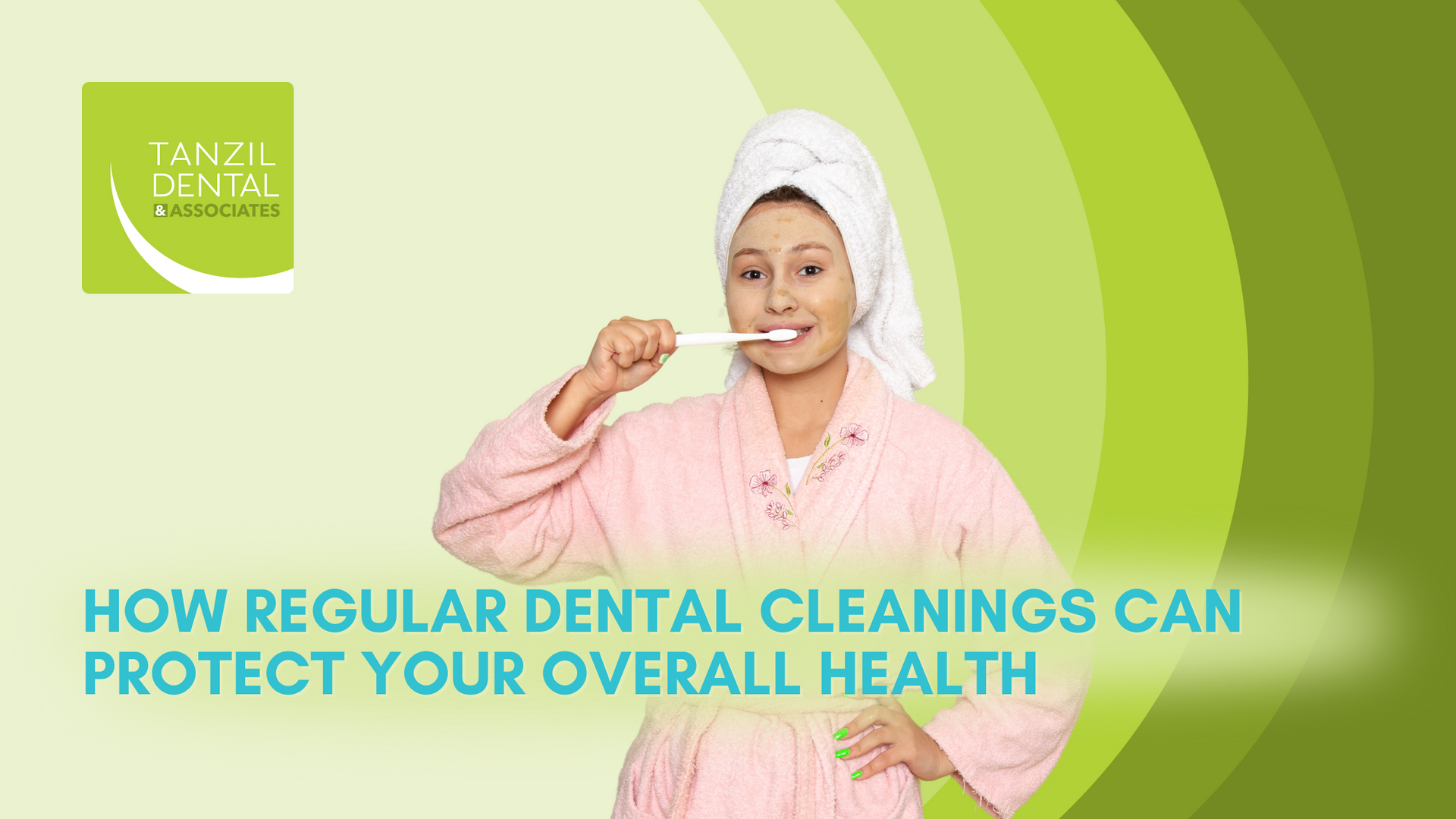 A woman is brushing her teeth with a towel wrapped around her head.