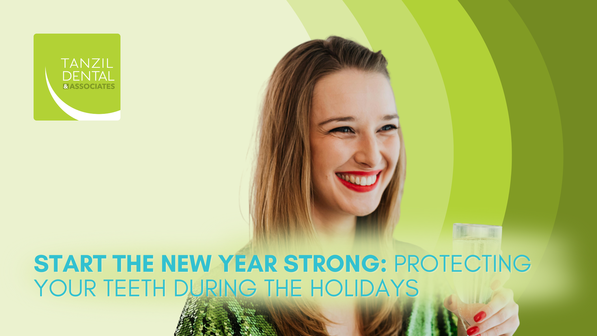 Woman holding glass, smiling, ad for